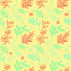 Seamless floral pattern with one line flowers. Vector hand drawn illustration. Design for textile, fabric, banner, poster, card, invitation and scrapbook