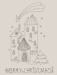 Merry Christmas card. cute New Years Houses, tree and Bethlehem star. Vertical vector illustration. Linear hand drawing, outline for New Years design and decor, print