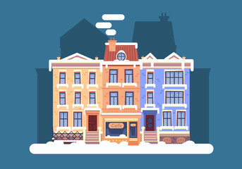 Winter Christmas street with three cute houses