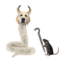 A dog labrador snake has horns. A black rat holds a knife with a snake shaped handle. White background. Isolated.