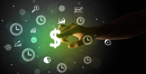 Businessman finger touching on screen multimedia interface with hand drawn currency icons