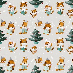 Seamless pattern with tiger family dancing around Christmas tree with firecrackers. Merry Christmas and Happy New year. Illustration for wrapping paper, textile, decoration. Chinese tiger