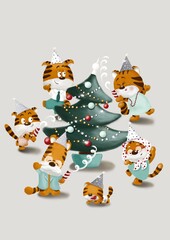 Tiger family is dancing around Christmas tree in hat with firecrackers. Merry Christmas and Happy New year. Family holidays all together. Chinese tiger