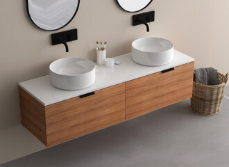 Close up of double sink with oval mirrors standing in on beige wall , wooden cabinet with black faucet in minimalist bathroom. Top view. 3d rendering
