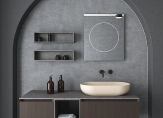 Modern bathroom with beige sink, minimalistic dark interior design.Front view. 3d rendering