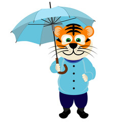 Tiger with an umbrella. Vector illustration of a cartoon symbol of the year 2022 tiger.