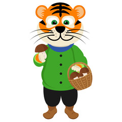 Tiger collects mushrooms. Vector illustration of a cartoon symbol of the year 2022 tiger.