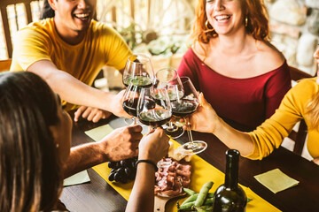 Happy adult friends dining drinking red wine on terrace home party - Multiracial young people at lunch having fun eating bbq food in gastronomic rustic restaurant - Friendship, youth concept
