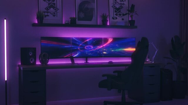 Games room with a cyber gamer computer. 3d animation of neon lighting