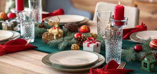 Obraz na płótnie Canvas Festive table setting for Christmas dinner at home