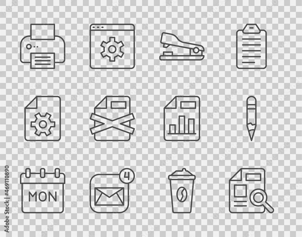 Aufkleber set line calendar, document with graph chart, stapler, envelope, printer, delete file document, coff