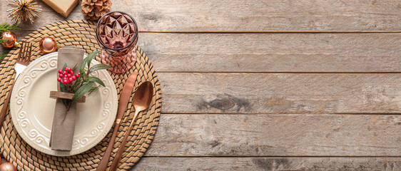 Beautiful Christmas table setting on wooden background with space for text