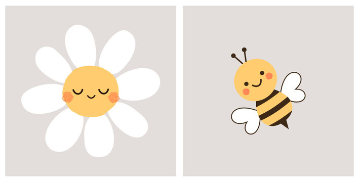 Sleeping daisy flower and bee cartoon on grey backgrounds vector illustration.