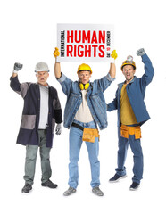 Protesting miner men with placard on white background. International Day of Human Rights