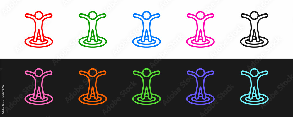 Poster set line map marker with a silhouette of a person icon isolated on black and white background. gps l
