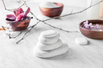 Spa stones on white background, closeup
