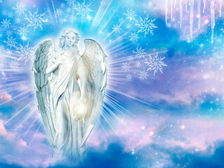 a beautiful angel archangel with divine rays of light and winter snowflakes and icicles like winter angel background with copy space
