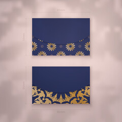 Business card template in dark blue color with abstract gold pattern for your brand.