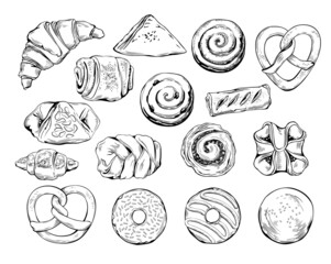 Vector Set of Hand-Drawn Illustrations of Sweet Baked Goods. Croissant, Doughnut, Pretzel, Yeast and Puff Pastry Buns with Nuts, Jam, Poppy, Cinnamon. Line Art Drawings Isolated on White Background