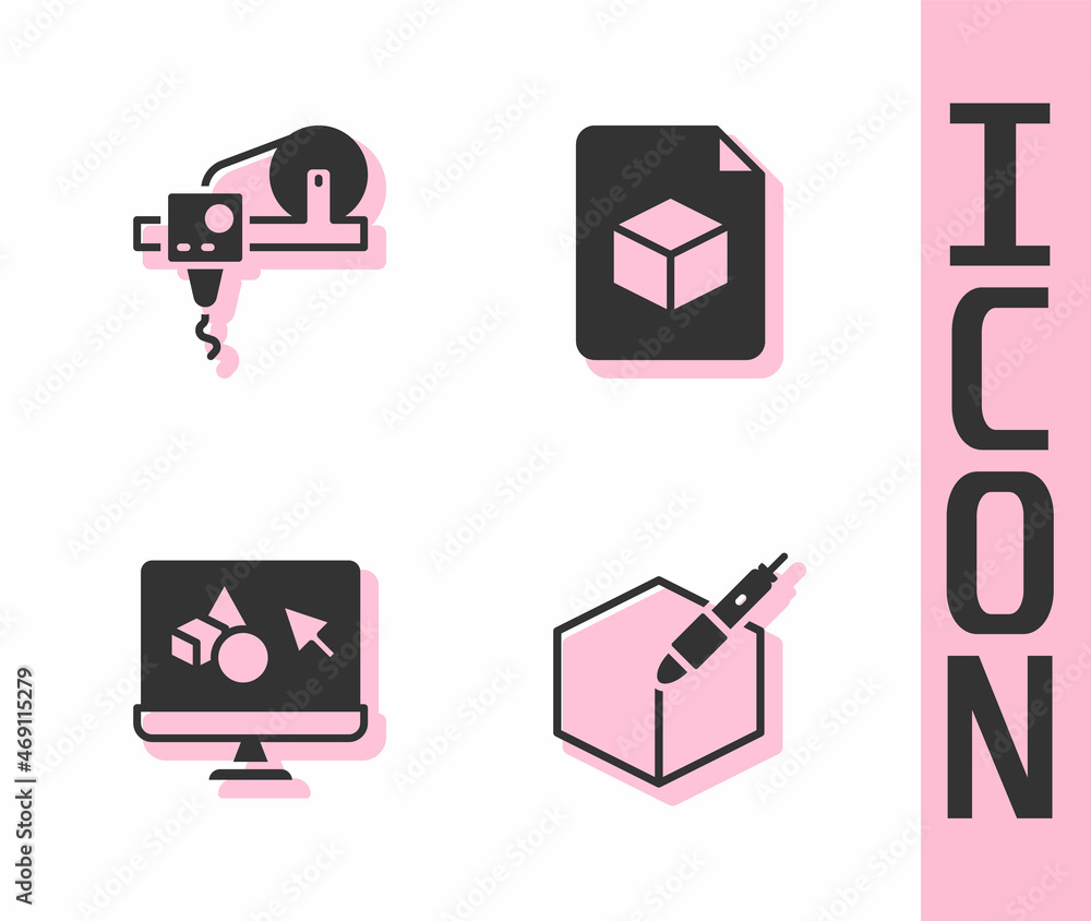 Aufkleber set 3d pen tool, 3d printer, software and isometric cube file icon. vector