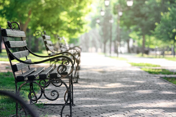 Beautiful bench in city park on spring day