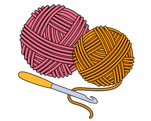 Crochet hook and threads - vector full color illustration. Balls of yarn and knitting tools. Set for handmade, hand knitting.