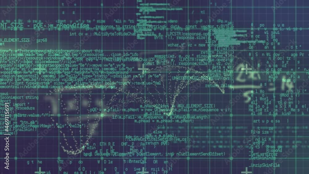 Aufkleber animation of equations and particles forming helix over processing green data