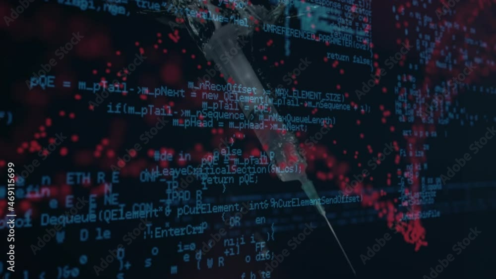 Poster animation of processing data over syringe and red dna helix rotating on black screen