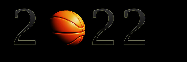 Orange basketball sport game on dark black background with text 2022. Panorama banner. Minimal sport concept.