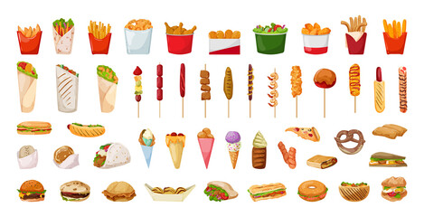 Collection of fast food in a detailed style. Junk food and pastries. - obrazy, fototapety, plakaty