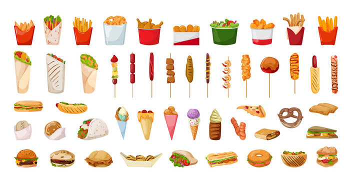 Collection Of Fast Food In A Detailed Style. Junk Food And Pastries.