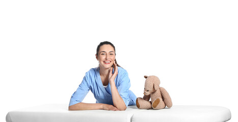 Infant massage therapist on white background