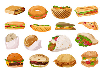 Collection of fast food from different countries in a detailed style.