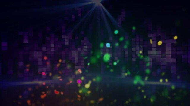 Animation of colourful spots of light over dancing crowd