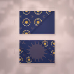 Business card template in dark blue color with mandala gold ornament for your brand.