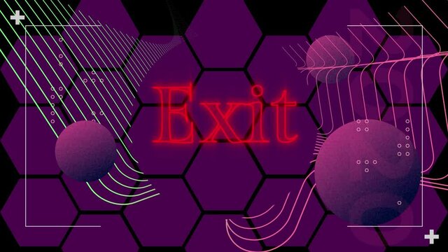 Animation of exit text in red neon, spheres and parallel lines over purple hexagon grid