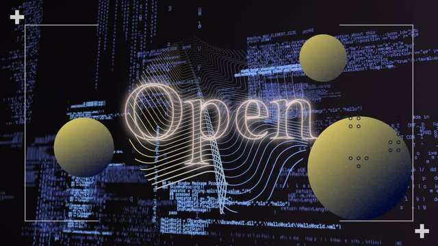Animation of open text, yellow spheres and parallel curves over data processing