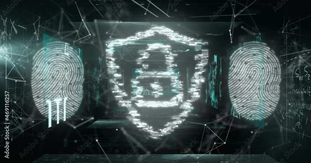 Poster animation of biometric fingerprint and online security padlock over network of connections