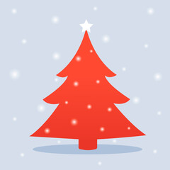 Red Christmas new year tree, winter time shining snow vector illustration.