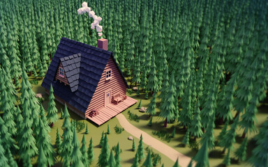 Stylized low poly forest hut. 3d rendering