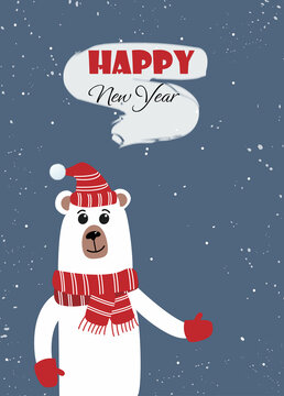 A polar bear on New Year's Eve in a red scarf