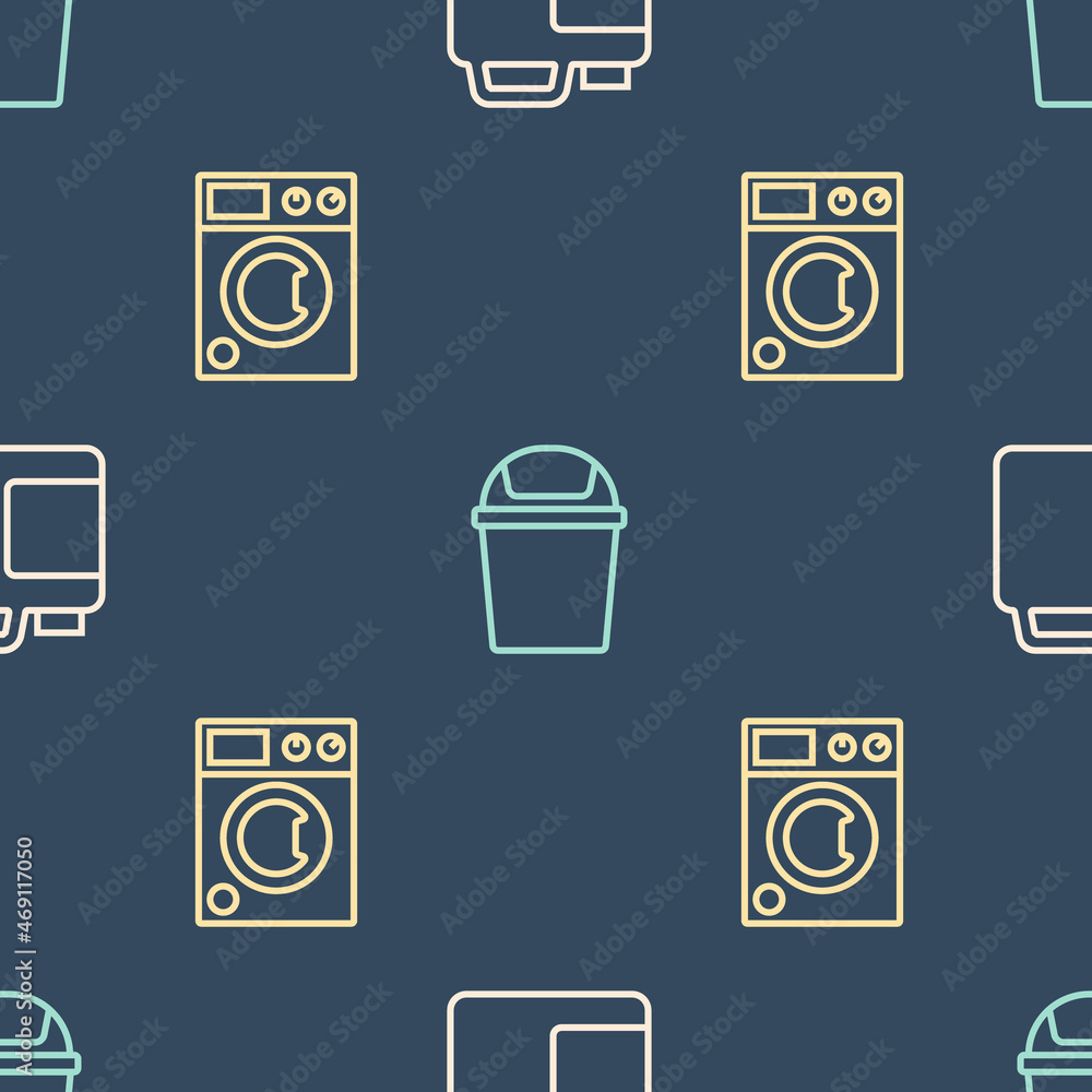 Poster set line bottle for cleaning agent, washer and trash can on seamless pattern. vector