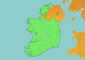 Ireland  map showing country highlighted in green color with rest of European countries in brown