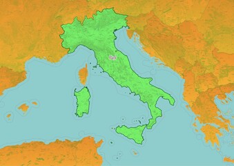 Italy  map showing country highlighted in green color with rest of European countries in brown