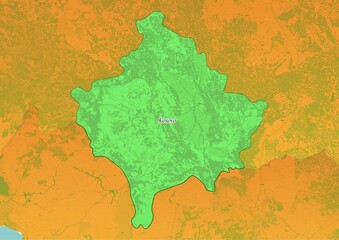 Kosovo  map showing country highlighted in green color with rest of European countries in brown