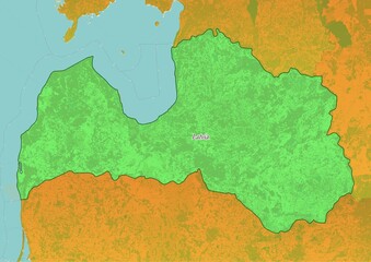 Lativia  map showing country highlighted in green color with rest of European countries in brown