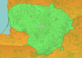 Lithuania map showing country highlighted in green color with rest of European countries in brown