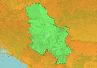 Serbia map showing country highlighted in green color with rest of European countries in brown