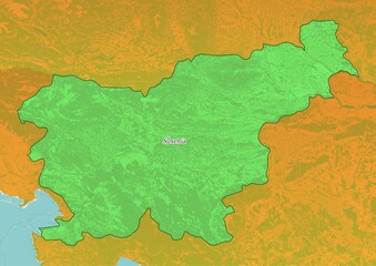 Slovenia map showing country highlighted in green color with rest of European countries in brown