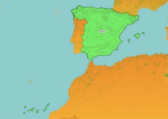 Spain map showing country highlighted in green color with rest of European countries in brown
